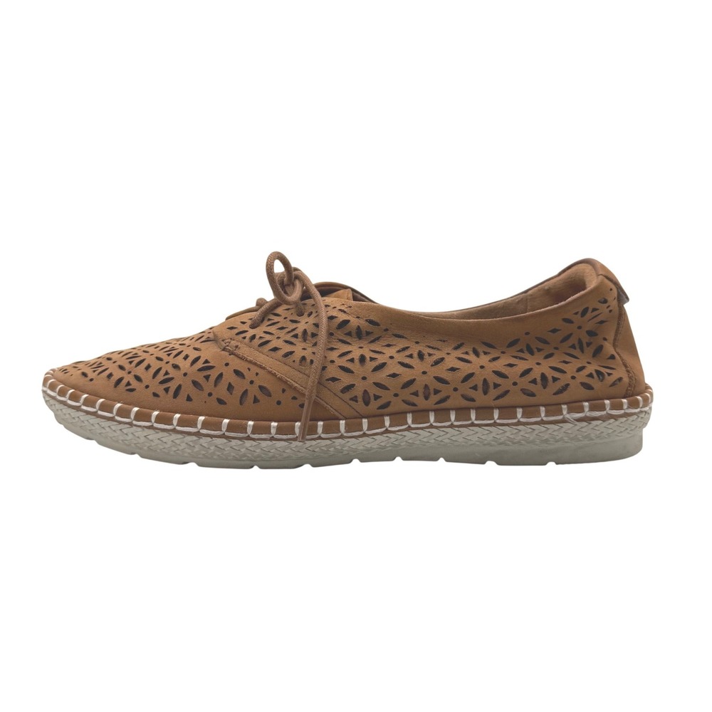 Earth Pax Sand Brown Leather Laser Cut Lace Up Flats Size 8.5 Boho Comfort